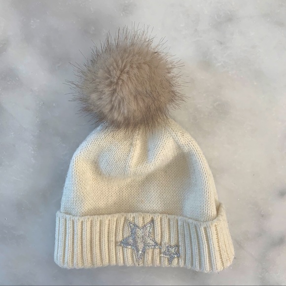 Kids Ribbed Knit Hat with Silver Stars. Cream. - Picture 1 of 4